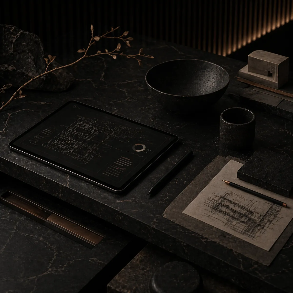 A dark stone desk with a tablet showing blueprint data, a pencil, and hand-drawn architectural paper