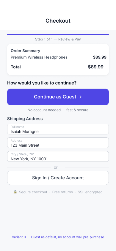 Guest checkout fast lane mockup from the Activation Funnel Redesign Lab