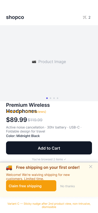 Variant C product page mockup showing a first-purchase free shipping nudge